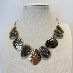 Statement Collar Necklace Hammered Gold-Tone Metal‎ Marcasite Adjustable